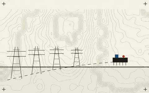 Illustration of a transmission line of lattice towers crossing contour-marked terrain toward a substation with a red marker